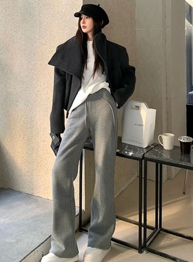 灰色运动裤女2025秋冬抽绳宽松休闲裤子加厚百搭显瘦直筒卫裤