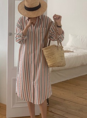 韩国度假风条纹衬衫连衣裙法式复古宽松长款衬衣裙沙滩防晒长袍
