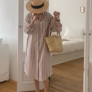韩国度假风条纹衬衫连衣裙法式复古宽松长款衬衣裙沙滩防晒长袍