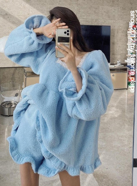 PS珊瑚绒仙女花边喇叭袖方领上衣+短裤or长裤睡衣套装保暖家居服