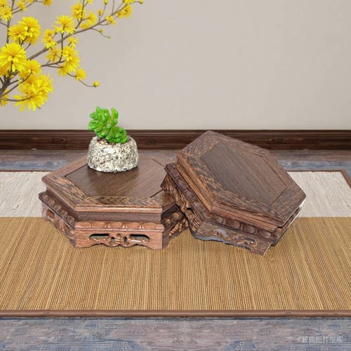 盆景六角形花瓶盆景茶壶实木底座