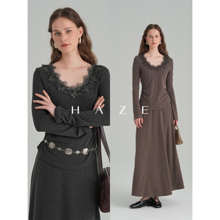 Haze禾枝圆领蕾丝花边收腰显瘦针织衫上衣+高腰长款A字半裙两件套