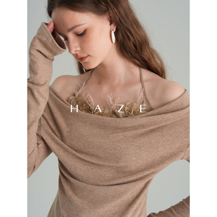 Haze禾枝《絮语》一字肩手工立体花朵修身显瘦吊带挂脖针织衫上衣