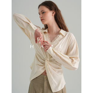 法式 蕾丝边缘 复古v领蕾花边边扭结衬衣 100%天丝衬衫 Haze禾枝