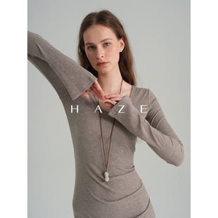 Haze禾枝《细线条》坑条圆领气质修身显瘦鱼尾包臀连衣裙打底裙女