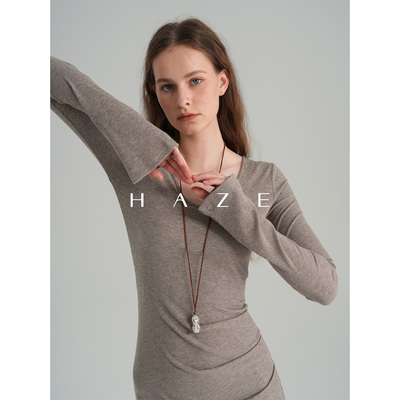 Haze禾枝《细线条》坑条圆领气质修身显瘦鱼尾包臀连衣裙打底裙女