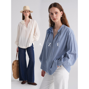 衬衫 Haze禾枝 复古v领蓝白条纹长袖 法式 慵懒松弛感上衣 蓝白调
