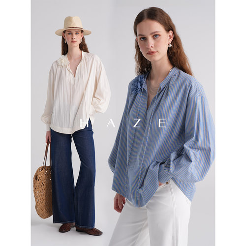 法式v领条纹衬衫慵懒松弛感上衣