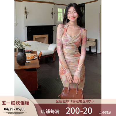 油画印染收腰显瘦飘带连衣裙女