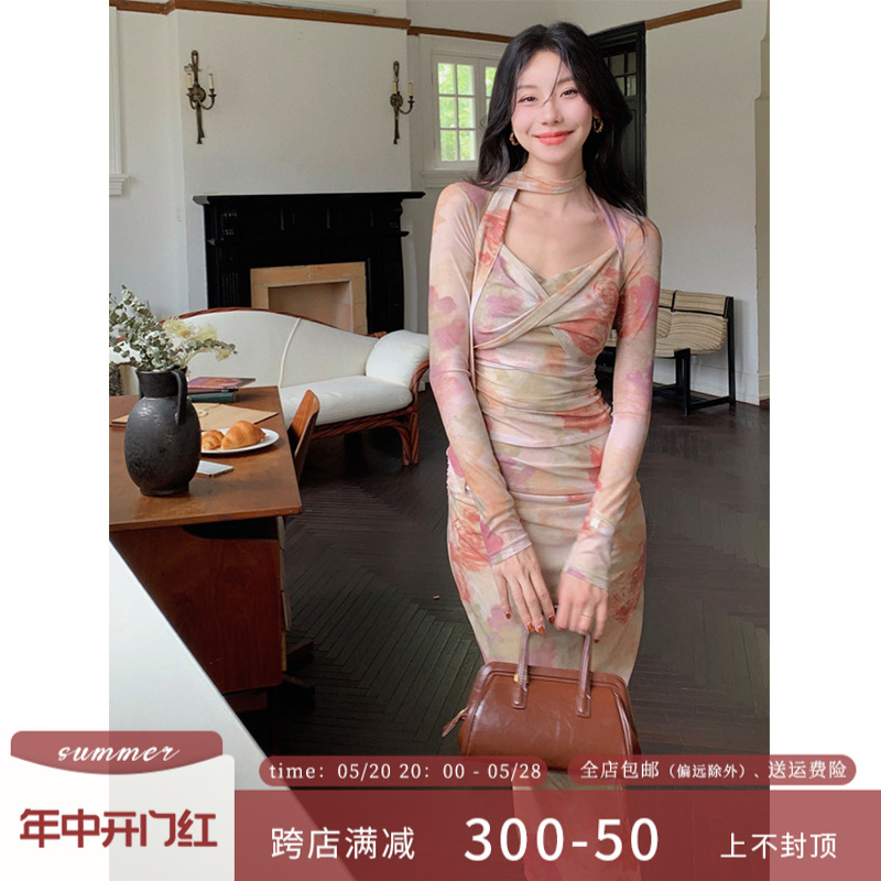 油画印染收腰显瘦飘带连衣裙女