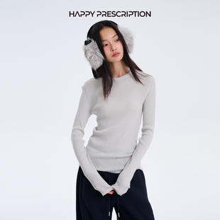 圆领坑条16针细羊毛针织打底衫 明星同款 T恤女 Prescription Happy