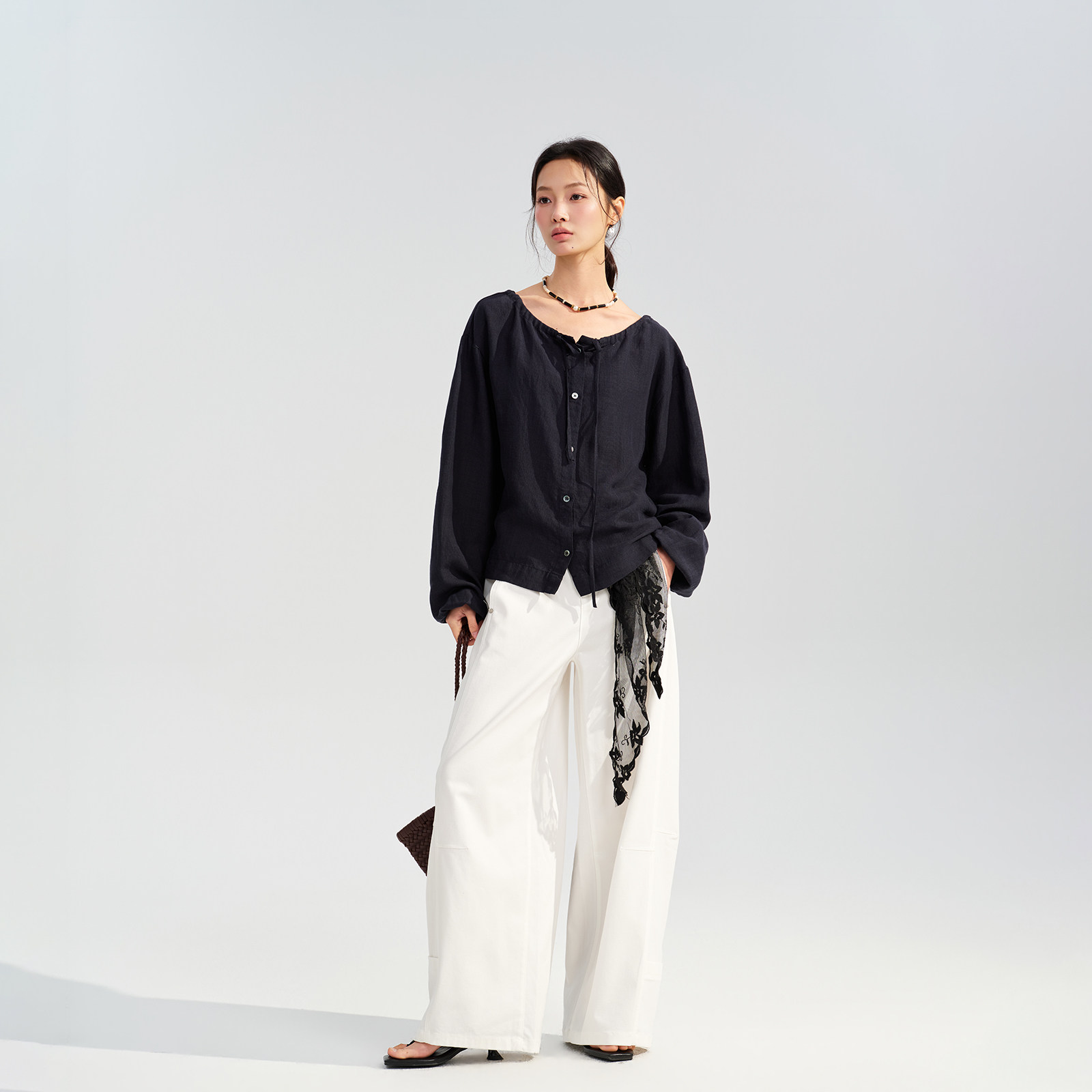 【新品】Happy Prescription 亚麻长袖衬衫纽扣抽绳小衫前后两穿