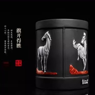 金乌炭雕锦绣前程笔筒办公室书桌书房摆件创意送朋友老师同学礼物