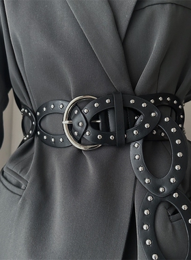 欧美街头风时尚复古皮革钉珠腰带潮流穿搭拼接镂空圆环收腰皮带潮