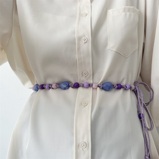 裙子时尚 韩版 新款 细麻绳腰带女士配大衣毛衣西装 饰 玛瑙腰链皮绳装