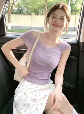 夏季紫色网纱修身短款T恤