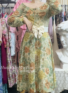 古着复古连衣裙vintage花柄碎花绿色纯色赫本风港风气质中长款裙