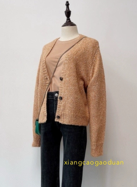 Ce经典系列V领宽松花纱短款针织开衫单排扣毛衣外套