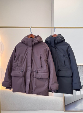 L秋冬新款中长款羽绒大衣 抽绳连帽短款紫色黑色户外羽绒服