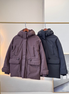L秋冬新款中长款羽绒大衣 抽绳连帽短款紫色黑色户外羽绒服