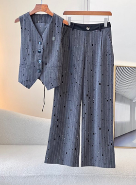 2024夏季盐系休闲轻奢高级感灰色工艺破洞烫钻马甲套装裤