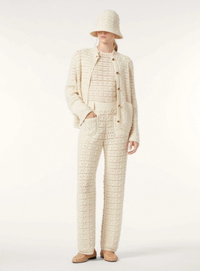 纯Y 非市场货25新款小香风镂空钩花羊绒混纺双口袋上衣裤子套装