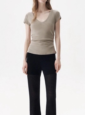 纯Y 天丝羊毛细螺纹高弹力料 V领侧收褶修饰短袖T恤