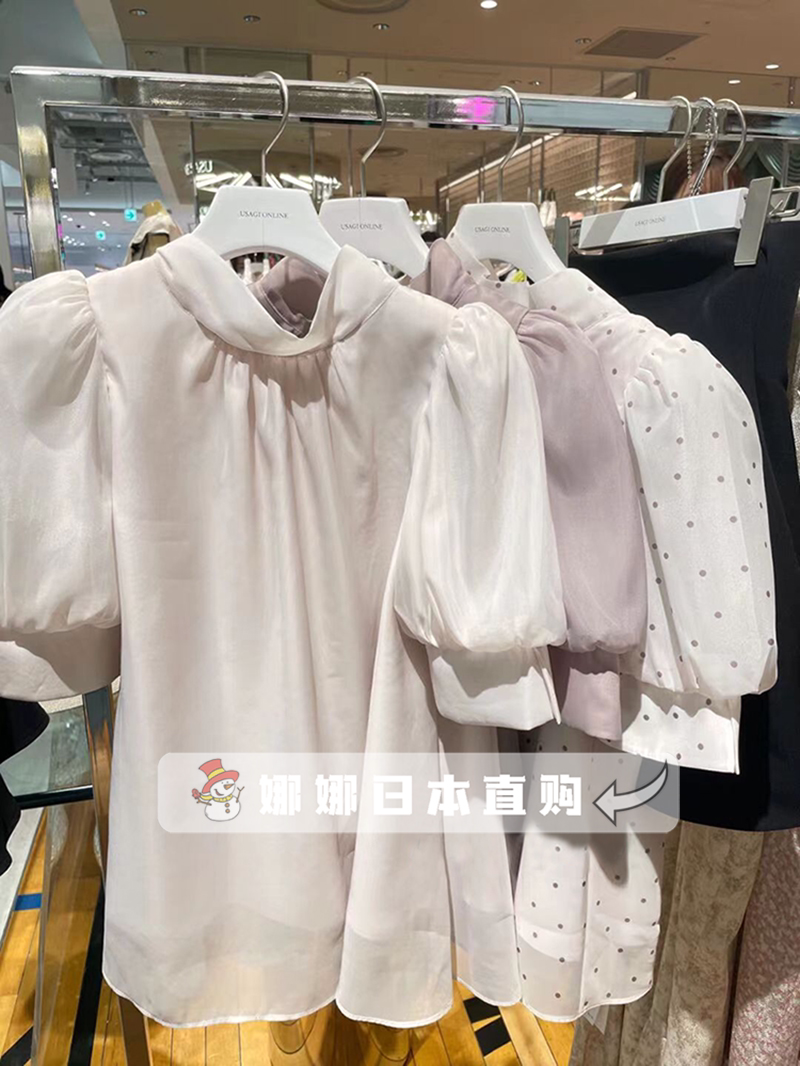 半高领套头短袖泡泡短衬衫上衣图片