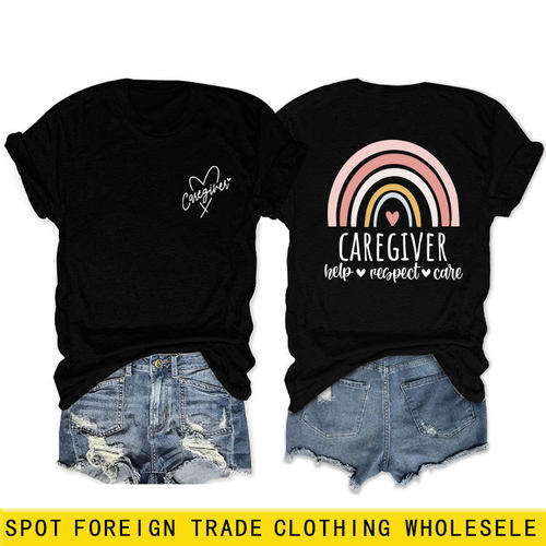 欧美个性印花休闲T恤caregiver help respect care宽松百搭女短袖