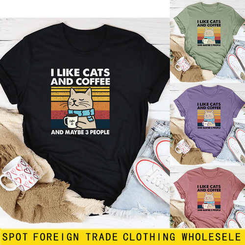 亚马逊独立站wish欧美字母I Like Cats And Coffee趣味图案短袖女