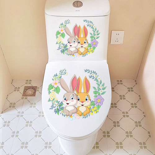 卫生间厕所坐便器装饰防水冲厕所提示贴可爱卡通花环兔子马桶贴画