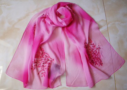 特价纯真丝长款围巾蚕丝丝巾粉色钉珠-960