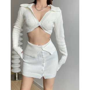欧美辣妹纯欲风针织短款露脐开衫毛衣包臀半身裙套装女裙子俩件套