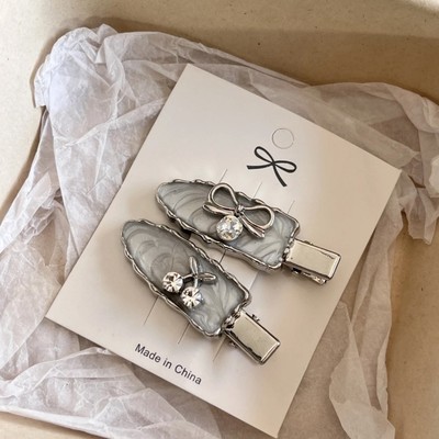 尊嘟好洋气！银灰色水钻樱桃蝴蝶结鸭嘴夹刘海侧边夹碎发夹头饰女