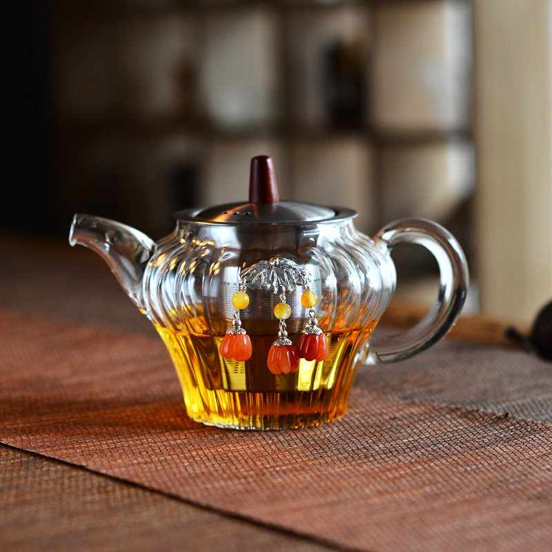 日式手工耐热玻璃茶壶菊纹造型花茶壶个性创意304不锈钢内胆泡茶