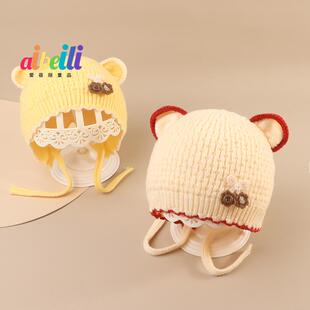 婴幼儿帽子双层毛线帽新生儿女宝宝护耳针织帽秋冬季保暖冬天超萌