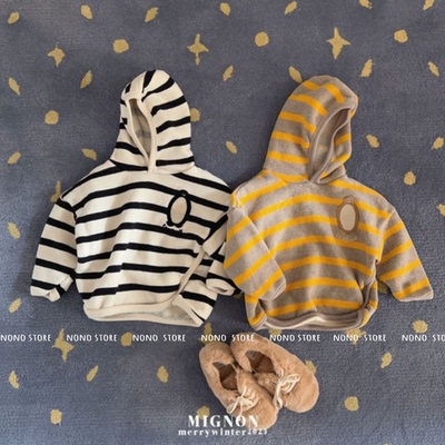 S码85~mignon儿童宝宝拼色条纹休闲帽衫连帽加绒卫衣