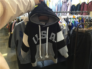 韩国进口童装男童17冬款加绒连帽卫衣USA帅气百搭宝宝带帽厚卫衣