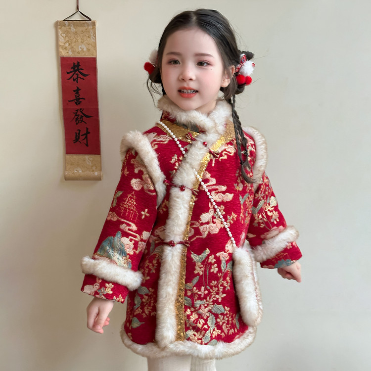 女童旗袍拜年服2026新款宝宝周岁汉服红色喜庆儿童过年唐装演出服