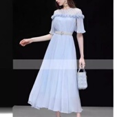 气质蕾丝拼接亮丝雪纺立体花百褶大摆连衣裙裙子 女装 夏季 新款