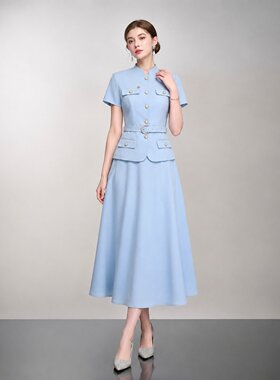 通勤小香风立领短袖西装套装裙优雅气质单排扣a字裙配腰带2278