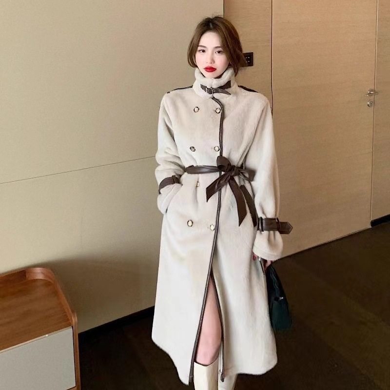 貂绒皮毛一体女士中长款大衣外套新款水貂绒秋冬女腰带款气质