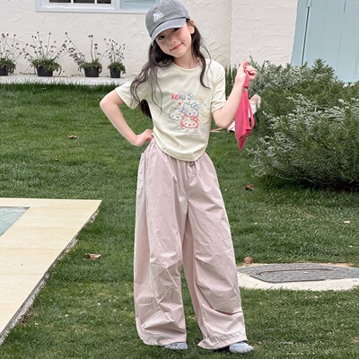 女童套装夏季2026新款儿童多巴胺穿搭大童洋气女孩短袖长裤两件套