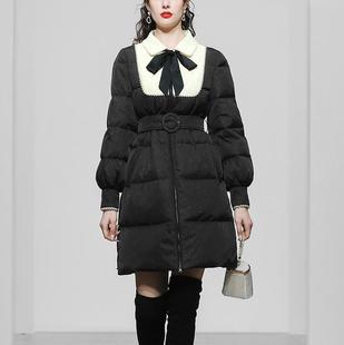 冬季新款女装枣红色中长款白鸭绒羽绒服加厚收腰面包服潮