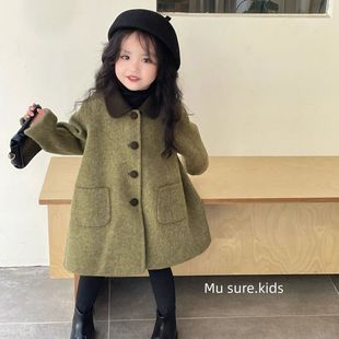 韩国童装秋冬新款复古绿翻领双面呢蝴蝶结大衣女童中长款毛呢外套