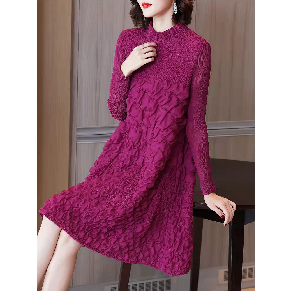 省钱风2025春季长袖褶皱刺绣连衣裙女套头大码中长款a字裙DCA635