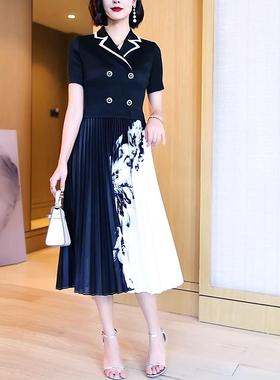 时尚印花撞色气质裙2025春夏新款褶皱连衣裙遮肉大码a字裙DCA1328