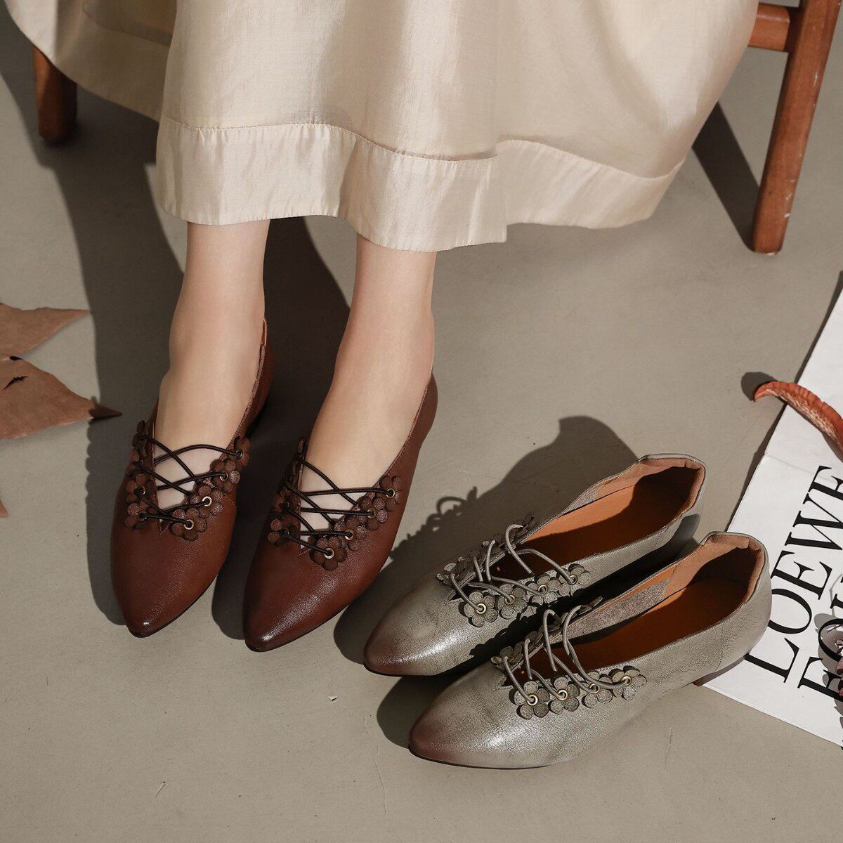龍林里外全皮时尚交叉绑带碎花女鞋2026春夏季新款尖头真皮单鞋女