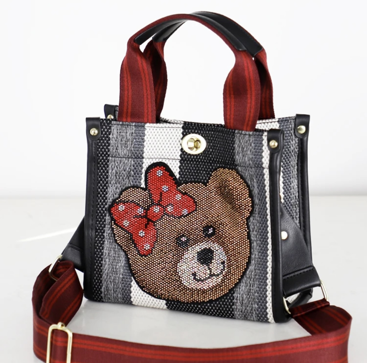 黑白灰竖条纹手提包巴塞罗那熊图案单肩包女包A6600