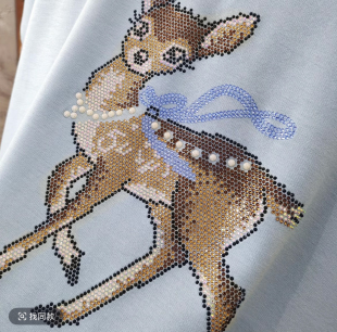 丝带小鹿图案V领短袖T恤-80289